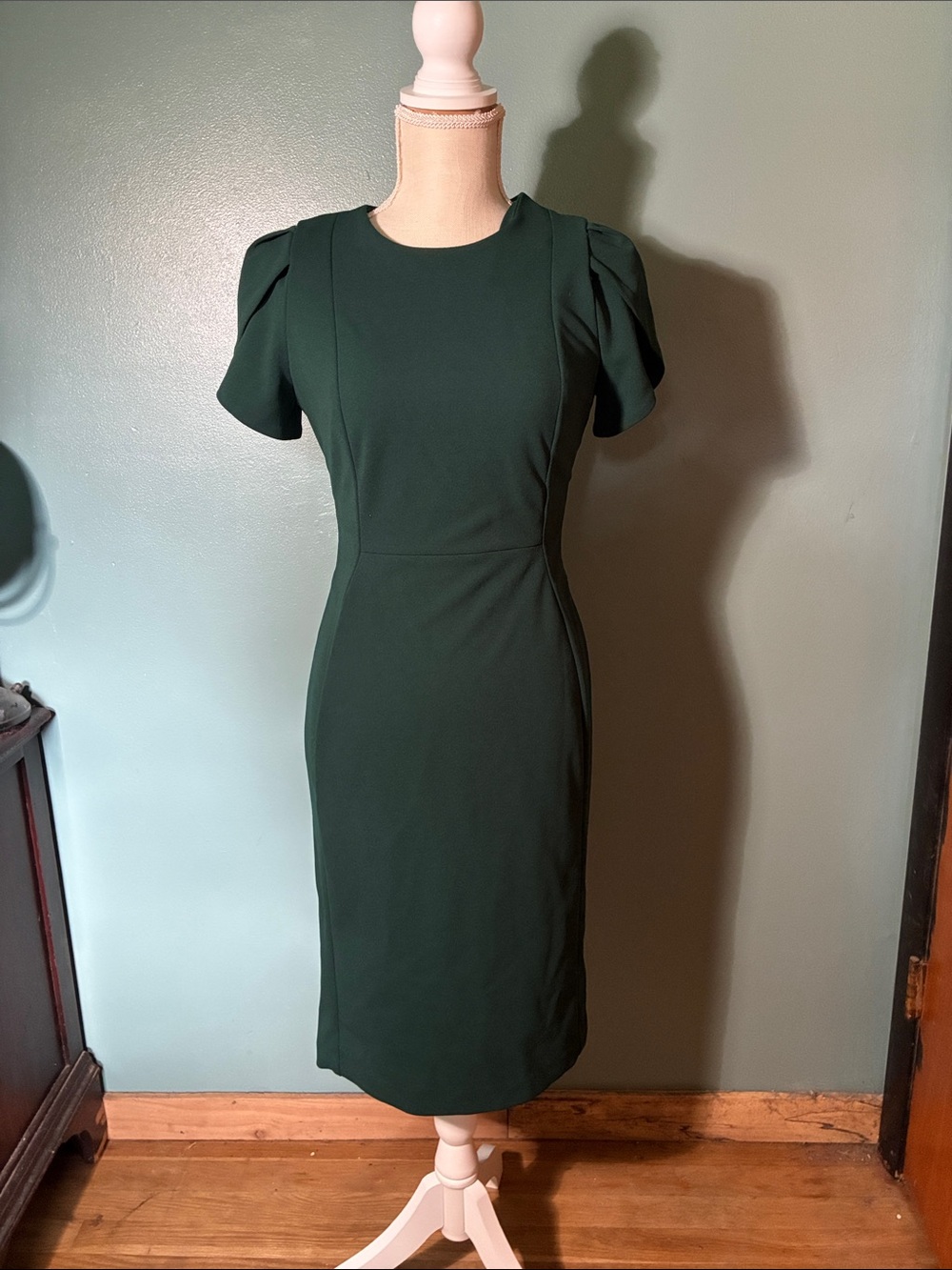 Calvin Klein Dark Green Midi Sheath Dress with Puff Sleeves